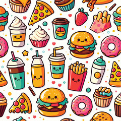 Seamless vector pattern of cute food icons like burger, pizza, coffee, and donuts. Bright colors, flat style, on white background.