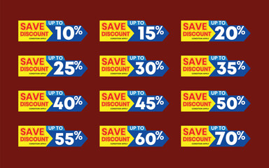 10%, 15%, 20%, 30%, 40%, 45%, 50%, 60%, Discount.
Set of Colorful Discount Tags with Percentage Offers – Save Up to 70%.
Perfect for use in e-commerce websites, flyers and online advertisements.
