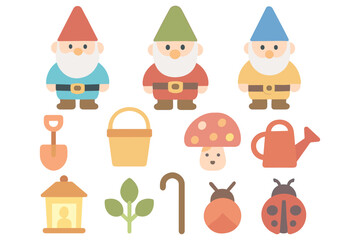 Garden gnomes and tools vector illustration for spring decor in flat style