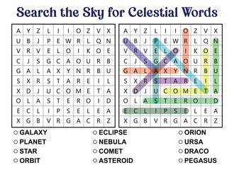 Celestial word search puzzle with highlighted words and list of terms