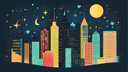 Fototapeta premium Digital illustration of a cityscape with geometric skyscrapers, stars, and a moon under a night sky.