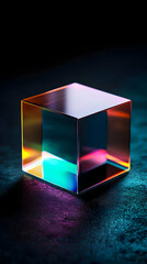 Translucent cube, vibrant iridescent hues, casting colorful light on dark surface