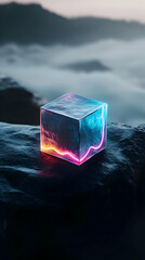 A glowing cube rests on a dark rock outcrop, nestled amidst misty mountains.  Colors shift from vibrant blues and pinks to deep hues of indigo and black