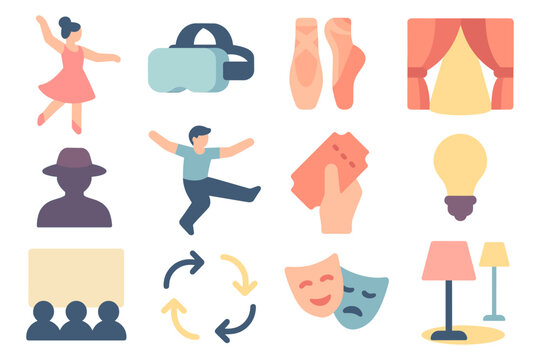 Performing arts and entertainment vector illustration: dance, theater, vr in flat style for design