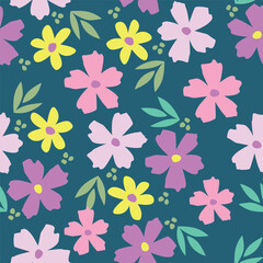 Cute vector floral seamless pattern. Colorful flowers background. Trendy repeat texture for fashion print, wallpaper or fabric.