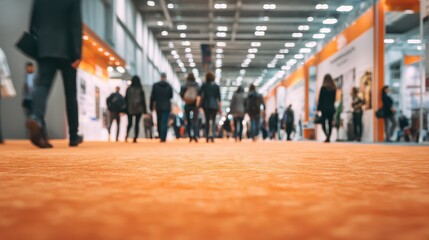 Fototapeta premium Blurred trade show hall with orange carpet. People walking on defocused background in large exhibition center. Trade fair business marketing exposition. International business negotiation incentive