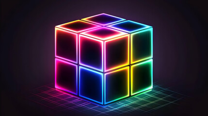 Neon-lit, multi-colored cube, glowing panels, futuristic design