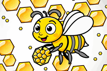 Obraz premium Cute Bee Illustration- Cartoon Bee with Honeycomb- Adorable Bee Character for Kids- Sweet Honey and Beehive Image- Cartoon Honey Bee Artwork- Bee Flying with Honey
