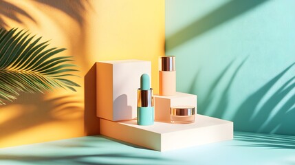 Digital illustration of cosmetic products stacked on geometric platforms against teal and orange backgrounds with a...