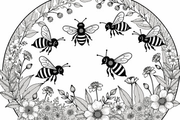Fototapeta premium Bee and Floral Illustration-Intricate Honeybee Design with Blooming Flowers-Detailed Black and White Artwork-Nature Inspired Coloring Page-Bee Themed Art-Engraving Style