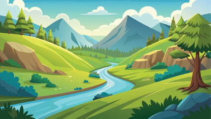 Cartoon Landscape with River, Green Hills, Trees, Rocks, and Mountain Views