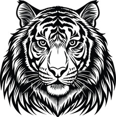 Majestic Tiger Head Vector Illustration, Black and White Stripes, Wild Cat Portrait, Feline Art, EPS Graphic