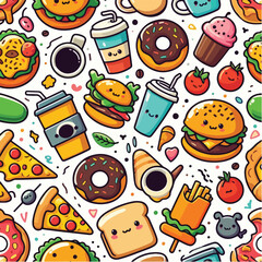 Seamless vector pattern of cute food icons like burger, pizza, coffee, and donuts. Bright colors, flat style, on white background.