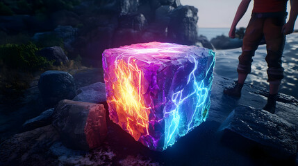 Glowing cube, vibrant colours,  energized rock,  coastal scene