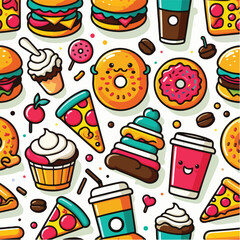 Seamless vector pattern of cute food icons like burger, pizza, coffee, and donuts. Bright colors, flat style, on white background.