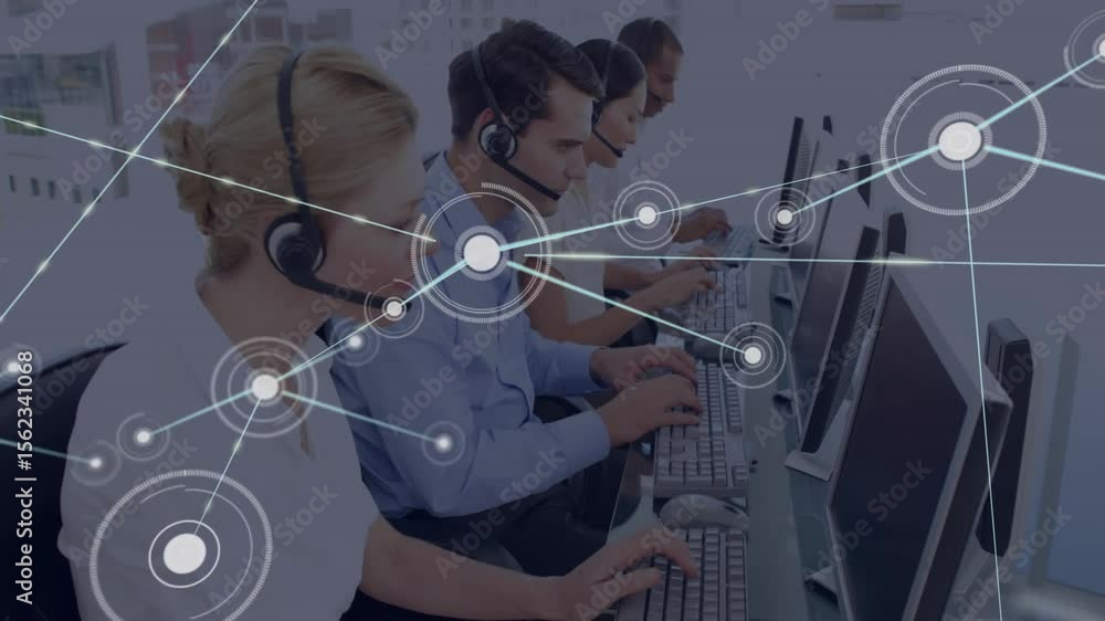 Poster call center agents typing as node graphic fading in connecting workstations for team connectivity