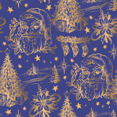 Seamless pattern with Santa, fir trees and other Christmas elements in toile style. Vector.