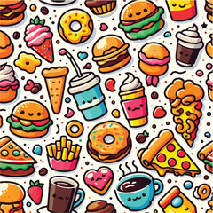 Seamless vector pattern of cute food icons like burger, pizza, coffee, and donuts. Bright colors, flat style, on white background.