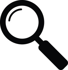 A black magnifying glass icon, symbolizing search and discovery