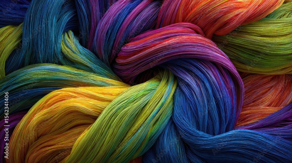 Poster rainbow threads: a vibrant and abstract close-up of colorful threads, exhibiting a spectrum of hues 