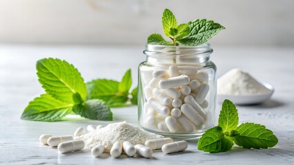 White capsules in a glass jar with mint leaves and powder, suggesting wellness, supplements, and natural health solutions