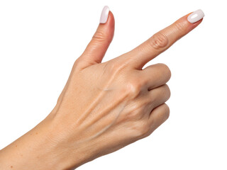 Fair skinned hand with white nails pointing female