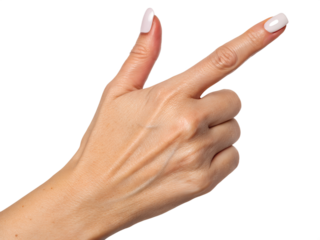 Fair skinned hand with white nails pointing female