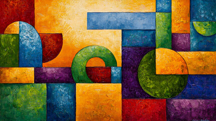Abstract geometric composition featuring vibrant blocks of color, circles, and rectangles in a dynamic arrangement.  Intricate interplay of shapes and textures