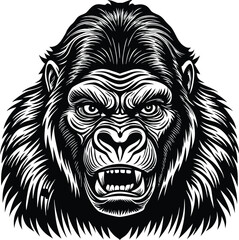Powerful Gorilla Head Illustration Black and White Vector Art,  Wild Animal Portrait, EPS Vector Graphic