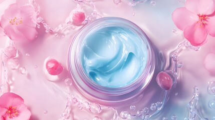 Digital illustration of blue gel with cherry blossoms and water droplets on a pink background.