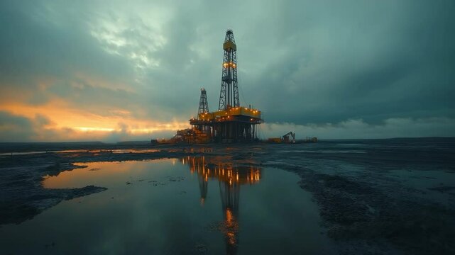 Large oil drilling rig lit up at dusk, realistic photo style, set on muddy ground with water reflections, concept of industrial energy production