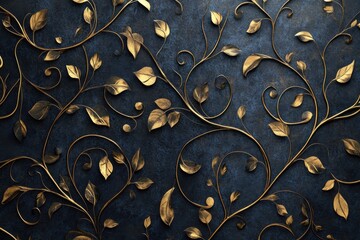 Golden vine leaves pattern on dark blue backdrop