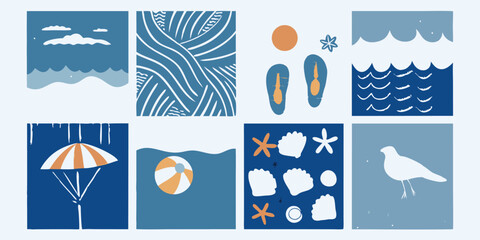 Summer Naive Art Style Bundle: Beach Scenes, Seashells, and Seaside Elements