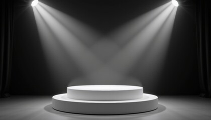 Dramatic spotlight on sleek white podium studio setting minimalist design modern aesthetic