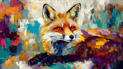 Abstract fox portrait, vibrant colors and textures.  A red fox's head and torso are centrally featured.  Brushstrokes create a dynamic background of bold, mixed colors,