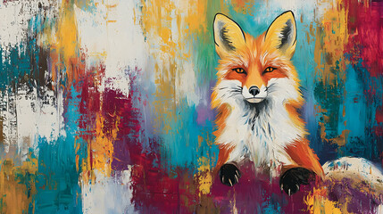 Vibrant fox portrait against a backdrop of textured, colorful abstract strokes.  A cheerful-looking red fox is the central focus, its fur rendered with detail against a 