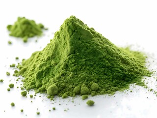 Vibrant green matcha powder piled high isolated on white background