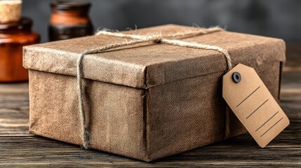 Fototapeta premium Wrapped box tied with twine on wood surface
