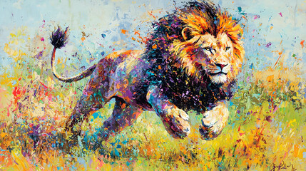 Majestic lion in vibrant, dynamic motion across a colorful savanna.  Bold, expressive brushstrokes depict the lion's powerful form and the surrounding flora