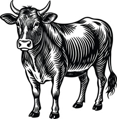 Engraved Illustration of a Majestic Cow  A Vintage Style Vector Graphic for Design Projects