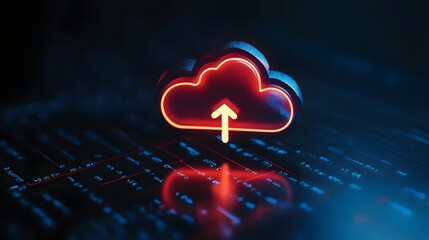 3D render of a glowing red cloud icon with an arrow pointing upwards on a dark keyboard.