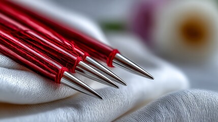 Obraz premium Close-up of shiny red knitting needles on white silk, with blurred flower