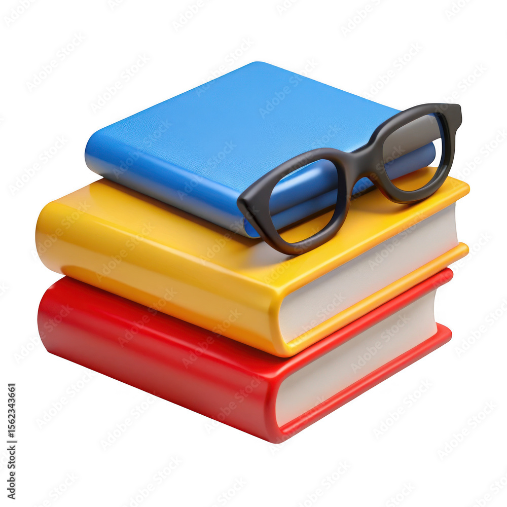 Poster stack of colorful books with glasses isolated on transparent background