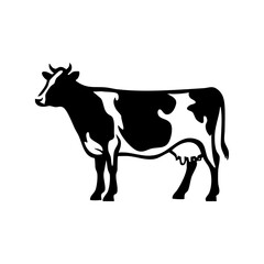 Minimalist black silhouette of a standing cow in profile, representing dairy farming, livestock care, and rural agriculture branding.

