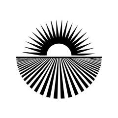 Minimalist black logo of the sun rising over symmetrical farmland rows, representing sunrise, agriculture, and eco-friendly cultivation.
