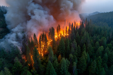 Aerial view of forest fire with intense flames and smoke wildfire
