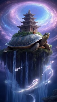 A colossal turtle carrying an ancient pagoda through a swirling cosmic vortex with cascading waterfalls and glowing fish