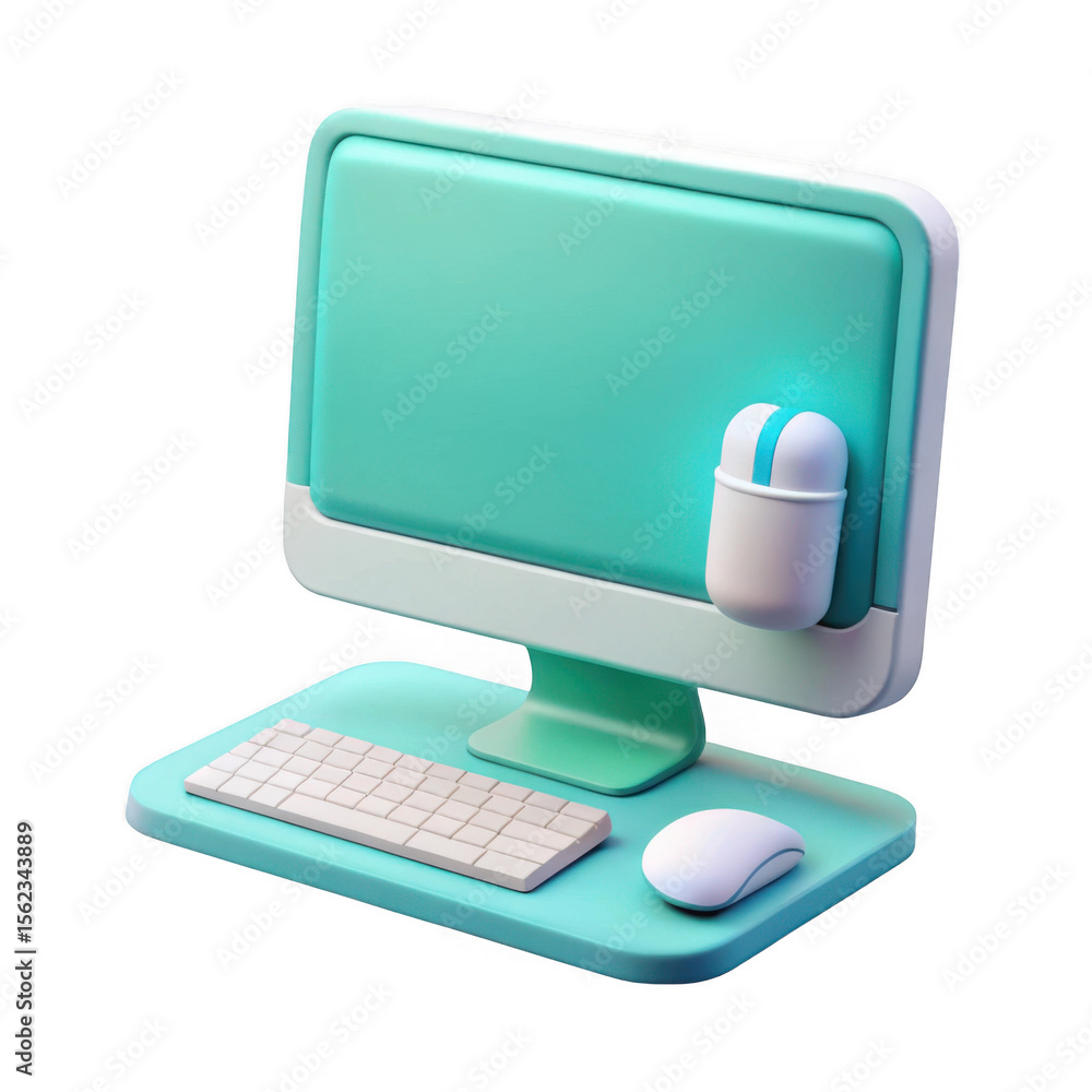 Poster teal cartoon computer desktop setup isolated on transparent background