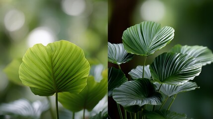 Obraz premium Close-up shots of large, vibrant green leaves against a blurred background