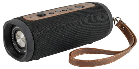 Modern cylindrical portable bluetooth speaker with a textured black fabric grill and a brown...